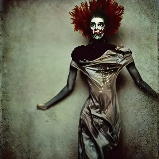 Image similar to damaged kodak portra 4 0 0, wetplate, photo of a surreal artsy dream scene,, very beautiful model, weird fashion, grotesque, extravagant dress, strange pose, carneval, with an animal, wtf, photographed by paolo roversi style