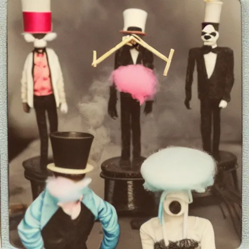 Prompt: polaroid of figures made from cotton candy, smoke and sticks, wearing top hats and huge masks