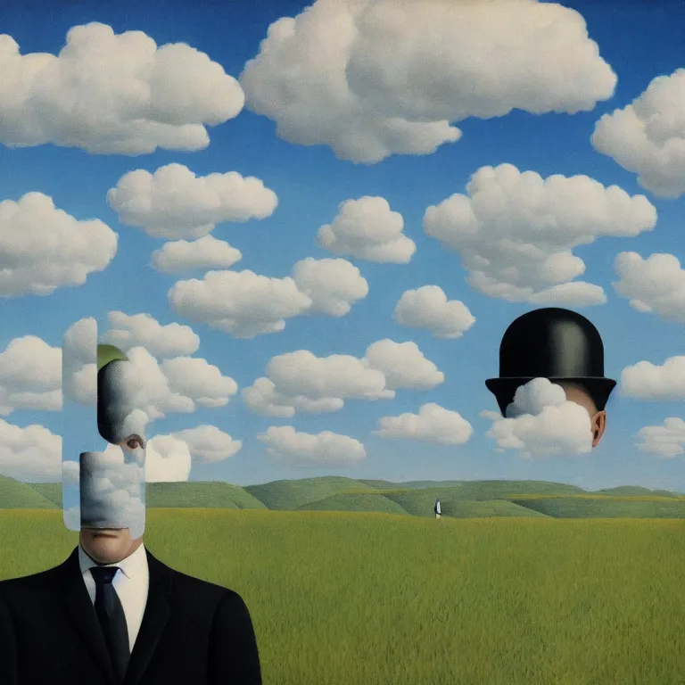 Image similar to portrait of a faceless chrome - head man in a suit and black gloves, clouds and nature landscape in the background, by rene magritte, detailed painting, distance, centered, hd, hq, high resolution, high detail, 4 k, 8 k