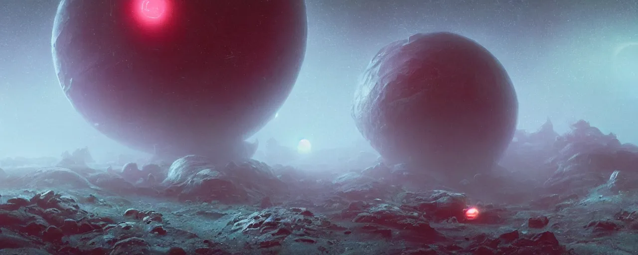 Image similar to ” outer planet with thick fog and alien artefacts, [ cinematic, detailed, epic, widescreen, opening, establishing, mattepainting, photorealistic, realistic textures, octane render, art by paul lehr ] ”