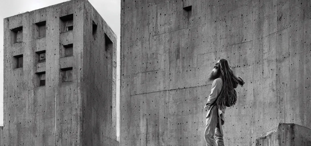 Prompt: the oldest hippy on earth, with a very long beard, standing atop a brutalist concrete building, cinematic shot, hyper realistic, hyper detailed