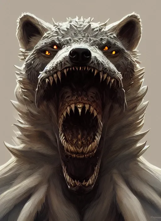 Prompt: anthropomorphic dire wolf irontooth biter, intricate, elegant, highly detailed animal monster, digital painting, artstation, concept art, smooth, sharp focus, illustration, art by artgerm and greg rutkowski and alphonse mucha, 8 k