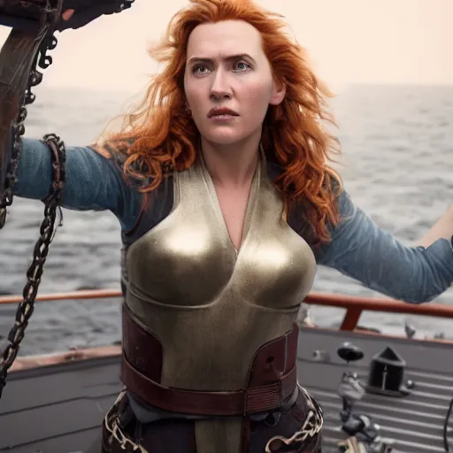 Prompt: a heroic portrait of young redhead kate winslet mechanic with one prosthetic metallic gauntlet standing on a ship deck by greg rutkowski, curly hair, ultra realistic, by sung choi, photorealistic 8 k, cinematic lighting, hd, high detail, atmospheric, trending on artstation, high detailed face