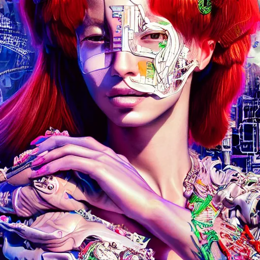 Image similar to the portrait of an absurdly beautiful, graceful, elegant, sophisticated, fashionable cyberpunk gravure idol, an ultrafine hyperdetailed illustration by kim jung gi, irakli nadar, intricate linework, bright colors, collage, porcelain skin, unreal engine 5 highly rendered, global illumination, radiant light, detailed and intricate environment