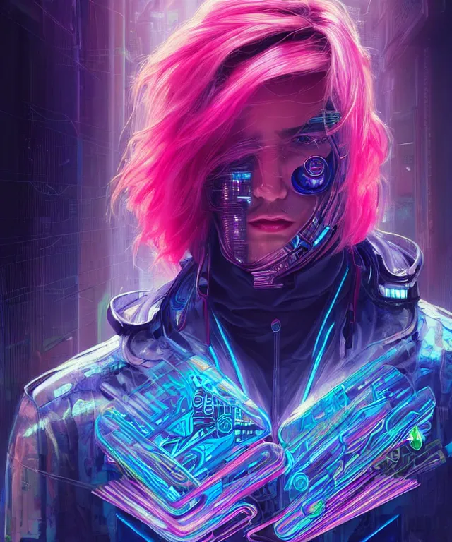 Image similar to a man wearing netrunner clothing, extremely detailed face, cyberpunk, cybernetic, cyborg, vaporwave aesthetic, synthwave, flowing hair, colorful, psychedelic, intricate, elegant, highly detailed, digital painting, artstation, concept art, smooth, sharp focus, illustration, art by artgerm and greg rutkowski and alphonse mucha