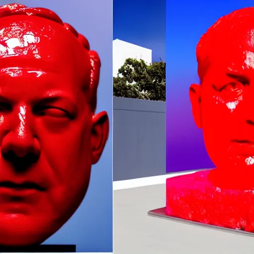 Prompt: a sculpture made out of juicy and transparent red jelly in the sea of a giant benjamin netanyahu head, long shot, hyper detailed, hyper realistic, ray tracing, 8 k resolution, sharp focus, realistic water, award winning