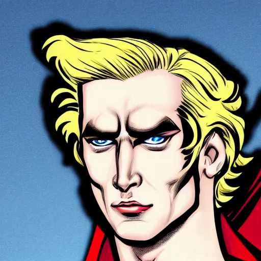 Image similar to portrait of a evil blonde superman two sides hair and thin face lines, his cape is the american flag, he is angry