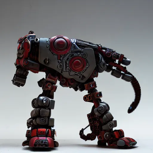 Image similar to kitbashed mechanical elephant, horizon zero dawn style, model kit, wires protruding out, weaponised, red LED eyes