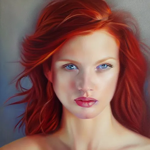 Image similar to hyperrealism oil painting of redhead emotional fashion model portrait