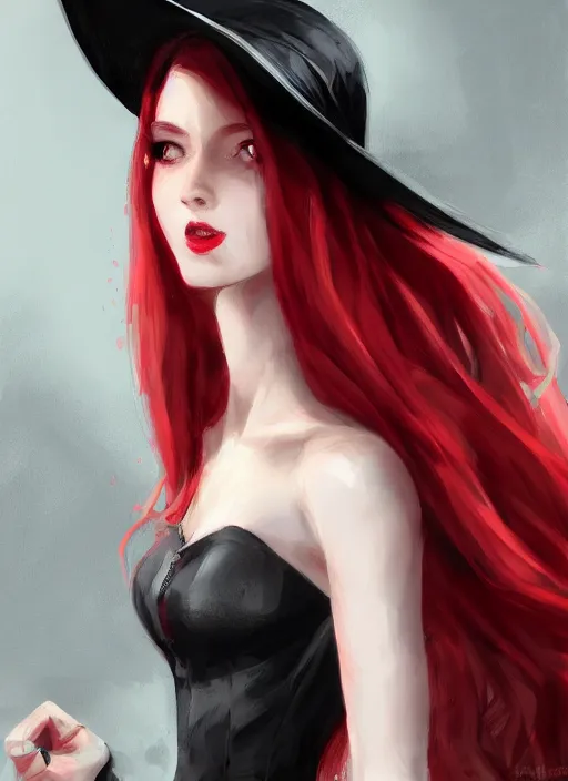 Image similar to a highly detailed illustration of tall beautiful red haired lady wearing black noir dress and black sun hat, dramatic smile pose, perfect face, perfect body, perfect eyes, intricate, elegant, highly detailed, centered, digital painting, artstation, concept art, smooth, sharp focus, league of legends concept art, wlop.