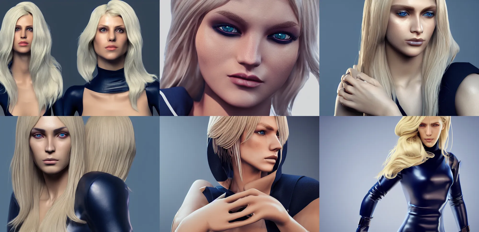 Prompt: beautiful blonde model, 2 arms, tight navy-blue leather outfit, full body and face and head, photorealistic, extreme detail, octane render, artstation, unreal engine