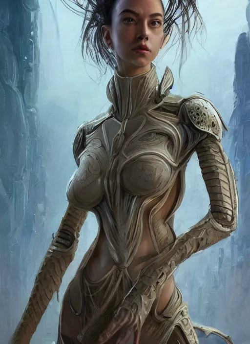 Prompt: a professional painting of a beautiful young female alien, clothed in ethereal armor, olive skin, long dark hair, beautiful bone structure, symmetrical facial features, intricate, elegant, digital painting, concept art, smooth, sharp focus, illustration, from Valerian and the City of a Thousand Planets, by Ruan Jia and Mandy Jurgens and Artgerm and William-Adolphe Bouguerea