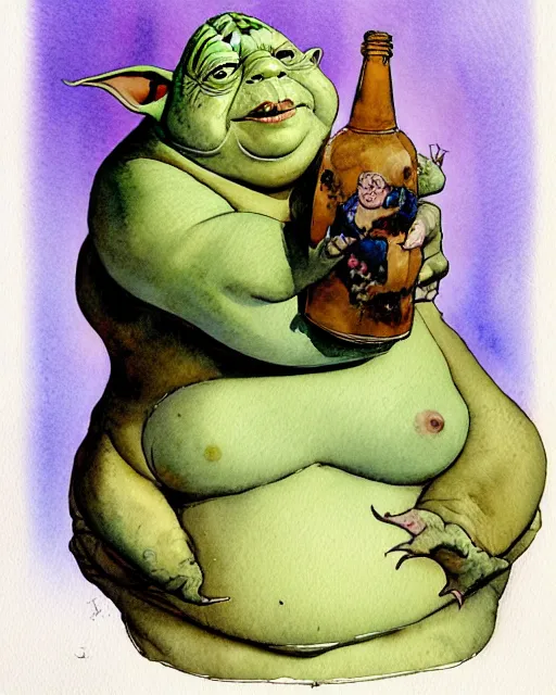 Image similar to a realistic and atmospheric watercolour fantasy character concept art portrait of a fat dirty yoda drinking out of a bottle with pink eyes wearing a wife beater. by rebecca guay, michael kaluta, charles vess and jean moebius giraud