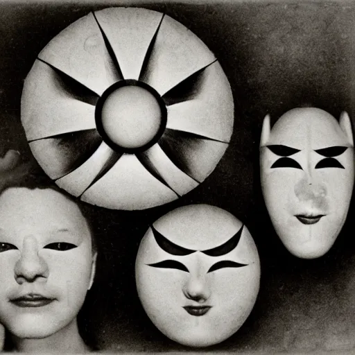 Prompt: pinhole photo of dancers in BIG GEOMETRIC MASKS, smudge, lo fi, mix, texture, by Karl Blossfeldt