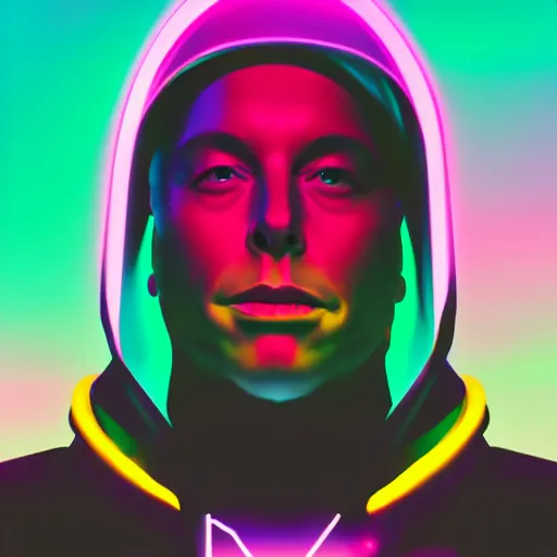 Image similar to elon in hoodie, portrait, vaporwave, synthwave, neon, vector graphics, cinematic, volumetric lighting, f 8 aperture, cinematic eastman 5 3 8 4 film, photorealistic