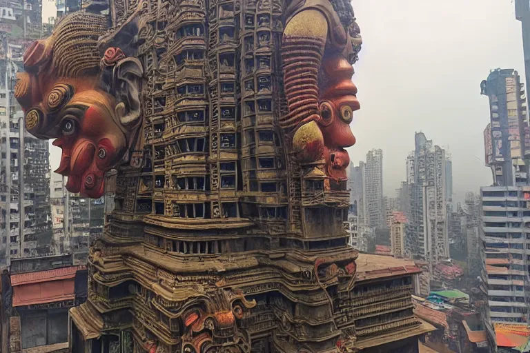 Image similar to high quality 3 d cyberpunk biomorphic hanuman head building in the middle of mumbai!!, kalighat highly detailed, cinematic smooth, stephen shore & john j. park, soft morning light, wide shot, high angle, uhd 8 k, deep focus