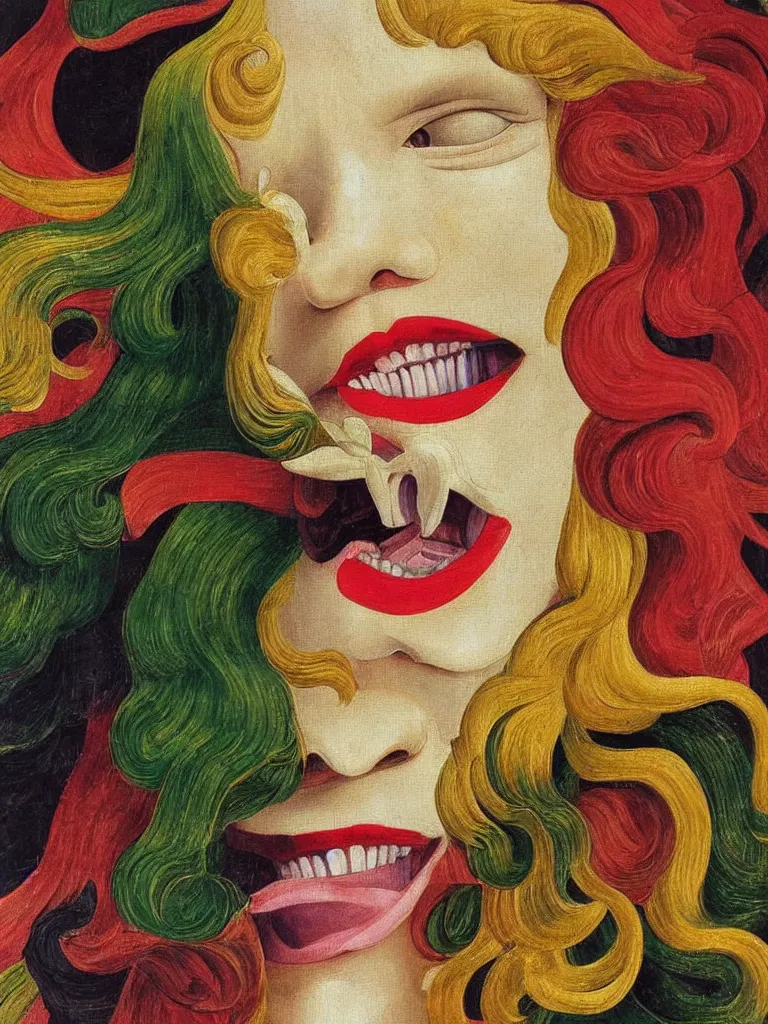 Image similar to a beautiful painting of a white tooth surrounded by reggae colors, detailed oil painting, Sandro Botticelli