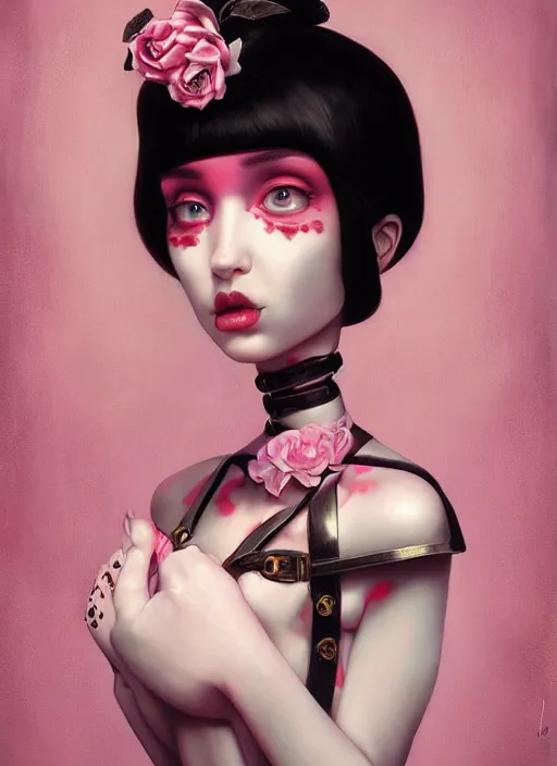 Image similar to pop surrealism, lowbrow art, realistic seductive cute woman painting, pink body harness, hyper realism, muted colours, rococo, natalie shau, loreta lux, tom bagshaw, mark ryden, trevor brown style,
