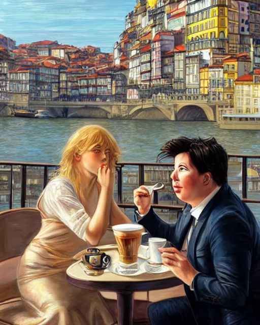 Prompt: Portrait of Michael Mcintyre & a blonde lady having coffee & croissants at waterfront in Porto,real life skin, intricate, elegant, highly detailed, artstation, concept art, smooth, sharp focus, art by artgerm and greg rutkowski and alphonse mucha