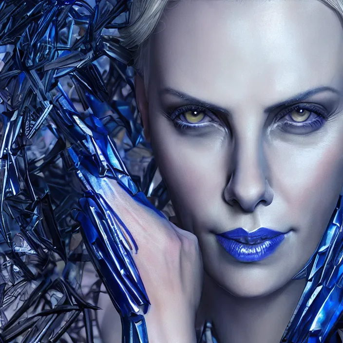 Image similar to charlize theron as mystique. x - men. intricate abstract. intricate artwork. by tooth wu, wlop, beeple, dan mumford. octane render, trending on artstation, greg rutkowski very coherent symmetrical artwork. cinematic, hyper realism, high detail, octane render, 8 k, iridescent accents