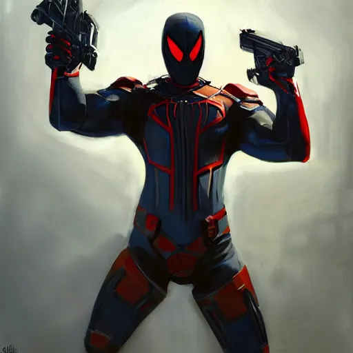 Image similar to greg manchess portrait painting of partially armored punisher spiderman as overwatch character, medium shot, asymmetrical, profile picture, organic painting, sunny day, matte painting, bold shapes, hard edges, street art, trending on artstation, by huang guangjian, gil elvgren, ruan jia, greg rutkowski, gaston bussiere