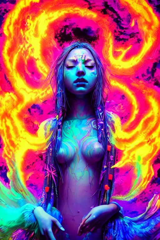 Prompt: a beautiful shaman girl engulfed in colorful liquid smoke and neon clouds, a colorful psychedelic experience, dmt, lsd, face, highly detailed, artstation, concept art, matte, sharp focus, illustration, digital art by hana yata, and artem demura and beeple, octane render, unreal engine, 8 k, pixel sorting