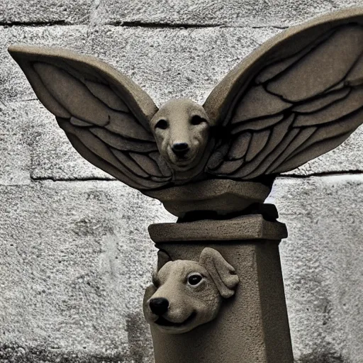 Image similar to corgi gargoyle with wings made of stone, uncropped, photography