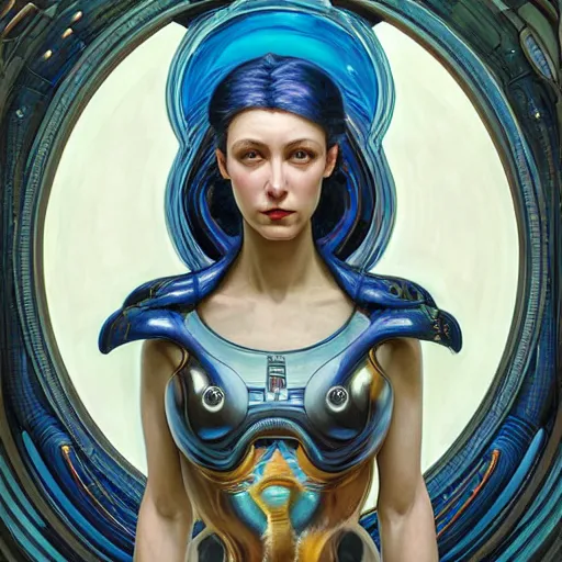 Image similar to Portrait of Samus Aran with blue jumpsuit drawn by Donato Giancola and Tom Bagshaw, face by Artgerm, overall design by Alphonse Mucha, background by James Jean and Gustav Klimt, light by Julie Bell, 4k, porcelain skin, komorebi, french nouveau, trending on artstation, octane render, hyperrealistic