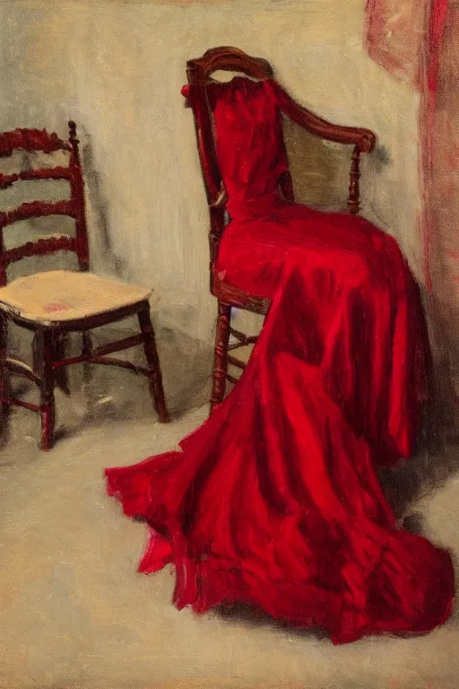 Image similar to an empty red dress laid across a chair in a dark victorian era room. in the style of american impressionism painting.