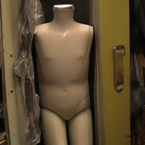 Prompt: creepy happy Mannequin in the backrooms. Liminal. VHS found footage. Shaky, grainy.