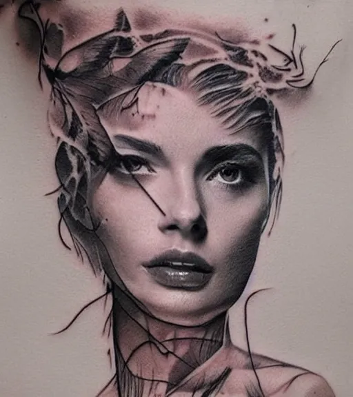 Prompt: hyper realism tattoo sketch of a beautiful woman face double exposure effect with beautiful mountains, in the style of matteo pasqualin, amazing detail, sharp, faded