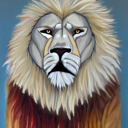 Image similar to abstract painting of albino white anthro lion wearing a coat