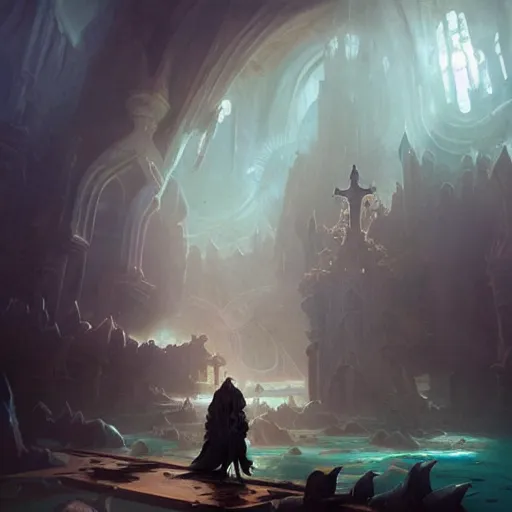 Prompt: a sunken gothic cathedral in the bottom of the ocean, rays of god, dramatic, epic, peter mohrbacher