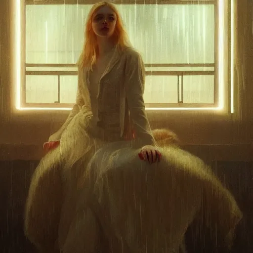 Image similar to Elle Fanning at night in the world of John Sargent, stormy weather, extremely detailed masterpiece, oil on canvas, low-key neon lighting, artstation, Blade Runner 2049, Roger Deakin’s cinematography, by J. C. Leyendecker and Peter Paul Rubens,