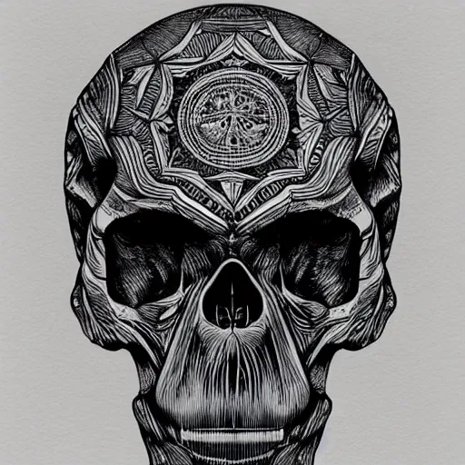 Image similar to a humanoid chimp skull hovering over a star pattern, 2 handguns are crossing in the middle of the picture ultra detailed, fine line pen drawing on parchment, symmetrical, stylish