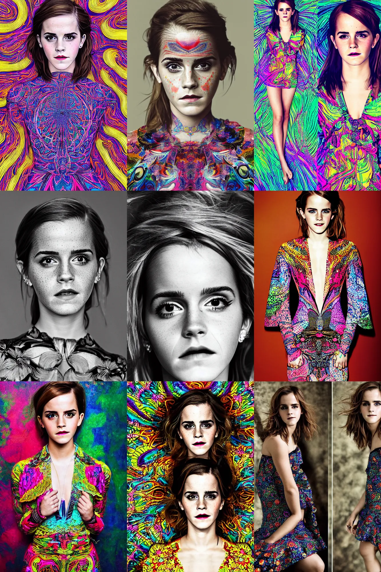 Prompt: emma watson wearing psychedelic dress, full body! shot, perfect symmetrical body, perfect symmetrical face, perfect eyes!!, by charlotte grimm, natural light, detailed face, canon eos c 3 0 0, ƒ 1. 8, 3 5 mm, 8 k, medium - format print