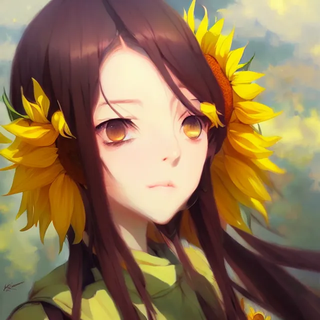 Prompt: beautiful sunflower girl, krenz cushart