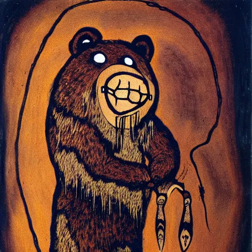 Image similar to shaman in a bear mask, paleolithic cave painting