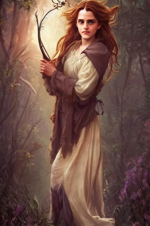 Image similar to beautiful cottagecore emma watson as hermione holding a magic wand, magical Hair, magical forest, intricate, elegant, highly detailed, digital painting, artstation, concept art, smooth, sharp, focus, illustration, art by artgerm and greg rutkowski and alphonse mucha