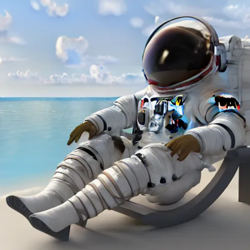 Prompt: astronaut in a space suit lounging on a beach chair at the beach having pina colada, digital art, high detail, 3D render, octane studio, 8K
