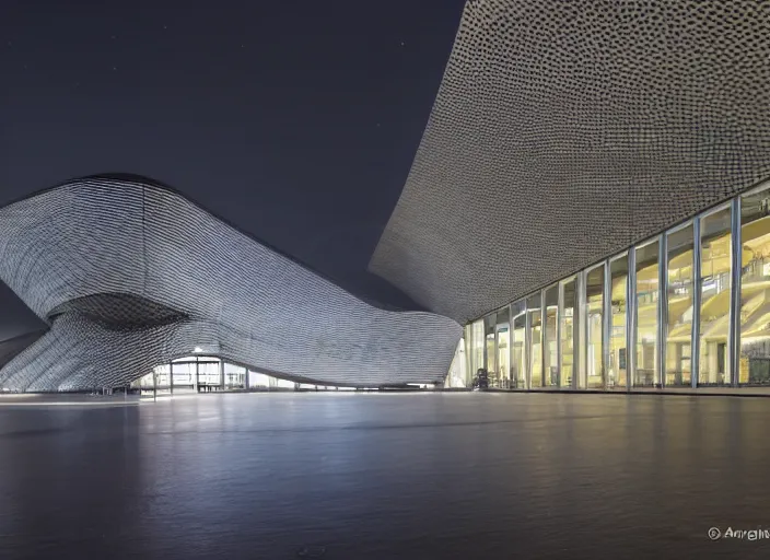 Image similar to mercedes exhibition center exterior at night with rain with large screens designed by antoni gaudi, and concept art