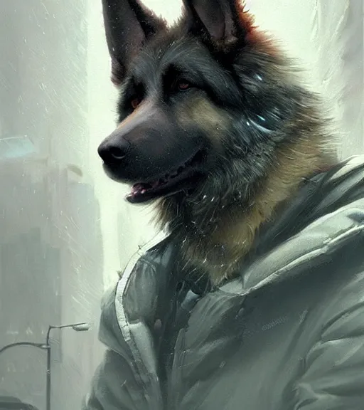 Image similar to new york city portrait of furry anthro anthropomorphic german shepard head animal person fursona wearing clothes strange cybernetic muzzle gloomy rainy cyberpunk digital art by Greg Rutkowski, Simon Stalenhag, christopher nolan trending on Artstation, CGSociety