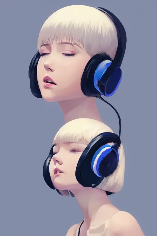 Prompt: a cute young woman listening to music with her eyes closed and wearing headphones in the style of Ilya Kuvshinov and Range Murata, white bob cut hair, blue filter, blue and white, soft lighting, atmospheric, cinematic, moody, digital painting by Krenz Cushart, 8k