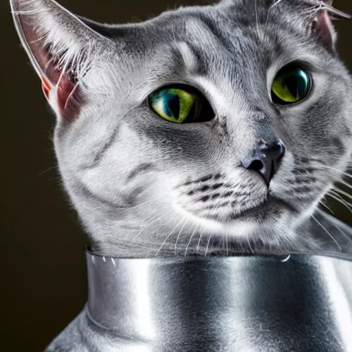 Image similar to a cat that is wearing a silver suit of armor, high quality photograph, studio lighting