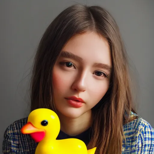 Image similar to a cute girl model, close up image, staring directly into camera, surrounded by yellow rubber ducks, photorealistic, hyper - detailed, studio lighting, shot on iphone 1 3 pro,