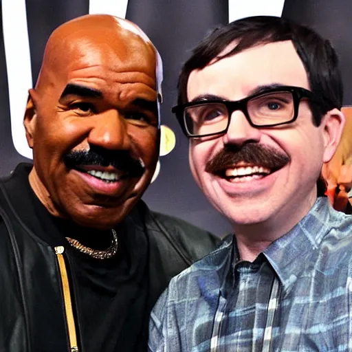 Prompt: a selfie of Steve Harvey and Rivers Cuomo From Weezer