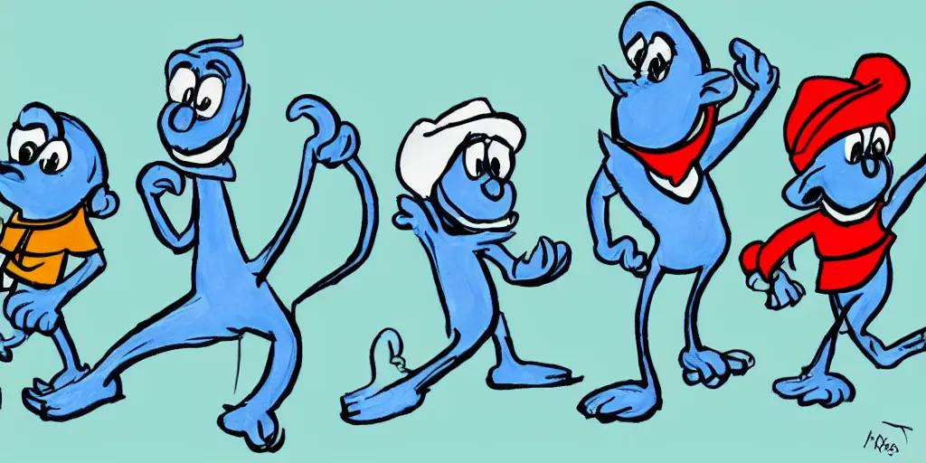 Prompt: a simple stylized drawing of long boned smurfs and color