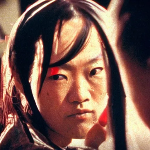 Prompt: film still of justin sun from kill bill, blood spattered chainsaw bride