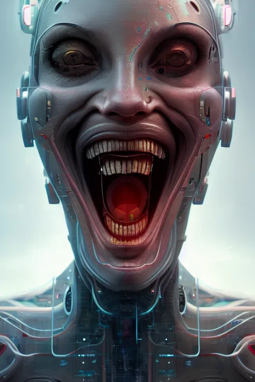 Prompt: cyborg face screaming, by sathish kumar and wlop, matte painting, artstation, detailed, photo realism, realism, intricate, ornate, cyberpunk, future, symmetry, technology