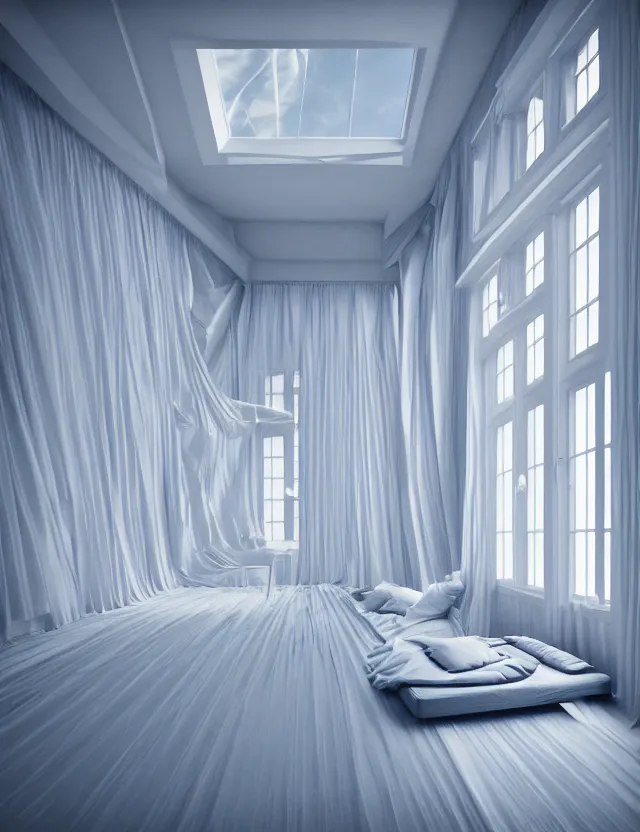 Prompt: dreamlike photo of floating bed above floor in a giant room with bright windows opening to other dimensions by andrzej sykut by lee madgewick, photorealistic, folded geometry, octane render, recursive, high contrast, pretty color, multiverse!!!!!!, labyrinthine, optical illusion, impossible angles